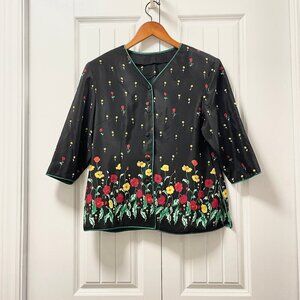Vintage Floral Satin Button-Up Blouse Jacket – S